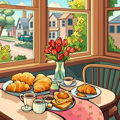 a table with croissants and coffee on it in front of a window