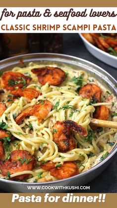 pasta with shrimp and parsley in a pan