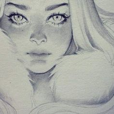 a pencil drawing of a woman's face with long blonde hair and blue eyes