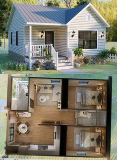 the floor plan for a small house with an attached porch and stairs to the second story