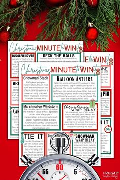 a christmas printable game with an alarm clock and ornaments on the table next to it