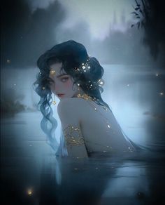 a woman in the water with long hair and glowing lights on her face is looking into the distance