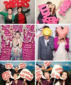 four different pictures with people holding up letters and paper signs in front of their faces