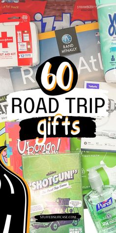 the words road trip gifts are overlaided with images of toiletries and other items