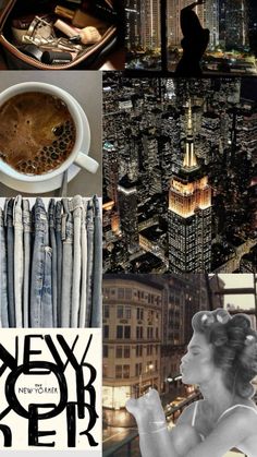 a collage of photos with the words new york in black, white and grey