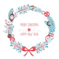 merry christmas and happy new year greeting card with wreath, ornaments and ribbon on white background