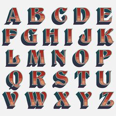 an old english alphabet with red and blue stripes on it's uppercases