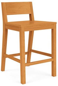 a wooden bar stool with one foot on the back and two legs down, in front of a white background