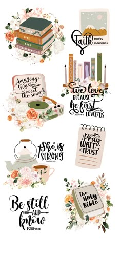 some type of lettering with flowers and books on top of each other in different colors