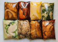 six different types of food wrapped in plastic