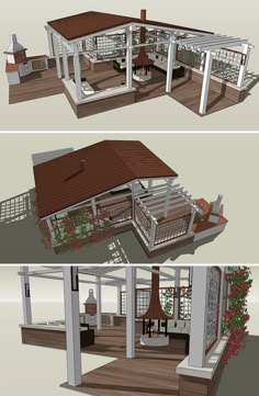 three different views of a house with porches and pergolies on the roof