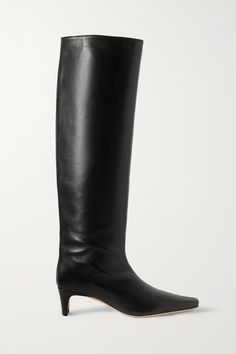 STAUD Wally leather knee boots | NET-A-PORTER Luxury Boots With Leather Sole For Workwear, French Knee High Boots, Luxury Workwear Boots With Padded Heel, Luxury Classic Calf Leather Knee-high Boots, Luxury Workwear Boots With Heel Tab, Tall Boots Office, Pointy Knee Boots, Black Flat Knee Boots, Botegavenetta Boots