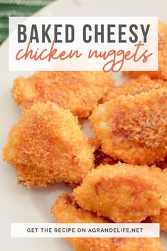 baked cheesy chicken nuggets on a white plate with text overlay