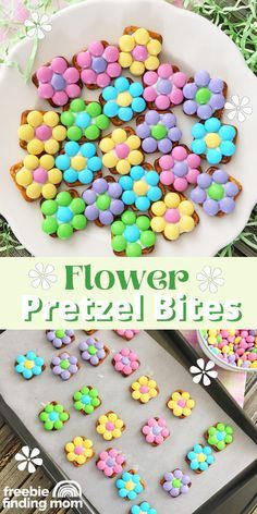 flower pretzel bites on a plate with flowers in the background and text overlay that reads, flower pretzel bites