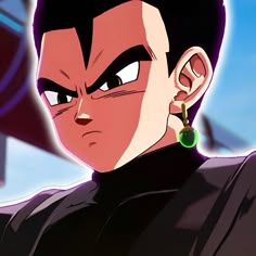 an animated image of a man with black hair and piercings on his ears looking at the camera