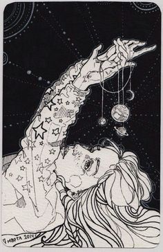 an image of a woman with stars and planets on her body, in black and white