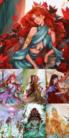 four different pictures of women with red hair and blue dresses, one is holding a harp