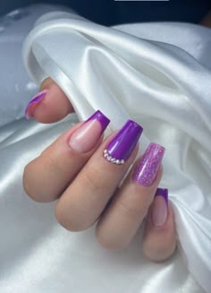 Violet Square Nails, Dark Purple Prom Nails Short, Short Purple Nails With Rhinestones, Simple Purple And Silver Nails, Nail Summer Ideas, Prom Nails Acrylic Purple And Silver, Nail Summer, Art To Make, Purple Nail Art