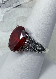 Red Garnet CZ Ring/ Filigree Sterling Silver/ 6ct Oval Cut Cubic Zirconia Gemstone Ace Gothic Leaf Motif [Custom Made] Design#92 Aqua Gemstone, Star Garnet, Mystic Topaz, Cz Ring, Engraved Items, Favorite Rings, Red Garnet, Topaz Ring, Quince