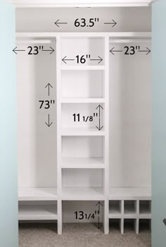 the measurements for a closet with shelves and shelving unit in white, including height