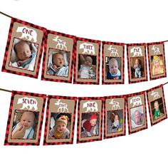 a red and black banner with pictures of babys on it that says, one year