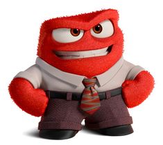 a red stuffed animal wearing a suit and tie with one hand on his hip, while the other is frowning