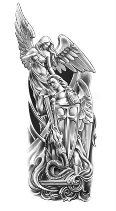 an old school style tattoo design with angel and snake on the front, in black and white