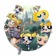 the powerpuff girls cartoon characters in front of a cityscape