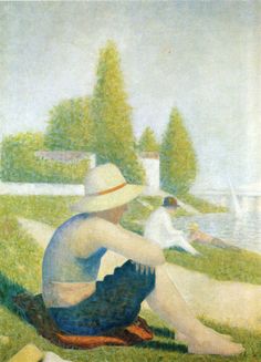 a painting of a person sitting on the grass