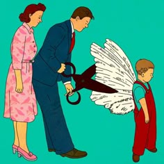 an image of a man holding scissors to cut the wings of a woman and child