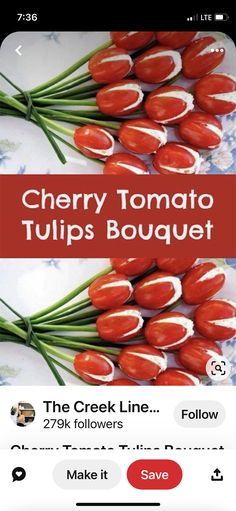 an iphone screen with the words cherry tomato tulips bouquet on it and several red flowers