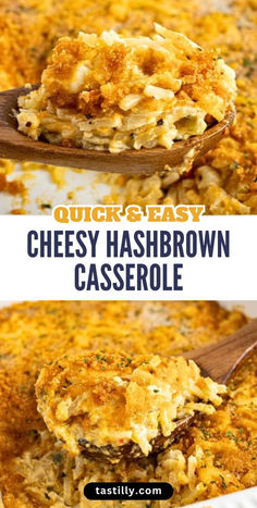 cheesy hashbrown casserole in a white dish with a wooden spoon