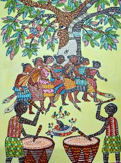 an artistic painting depicting people playing drums under a tree