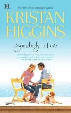 the cover of somebody at love by kristian higgins, with two people sitting on chairs