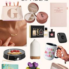 a collage of various items including lipstick, perfume bottles and jewelry