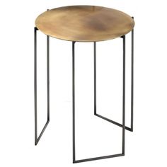 a metal and wood side table with an iron frame on the bottom, in front of a white background