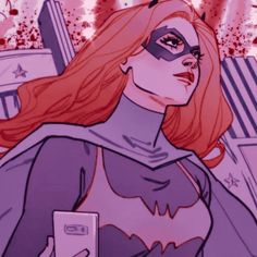 a drawing of a woman dressed as batgirl holding a cell phone in her hand