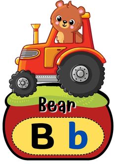 a bear on a tractor with the letter b in it's center and an abc