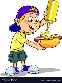 a cartoon boy is pouring mustard on a hot dog