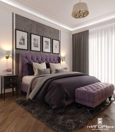 a bedroom with a purple bed and pictures on the wall