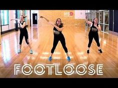 three women in black outfits are dancing on a wooden floor with the words footloose above them