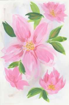 a painting of pink flowers with green leaves