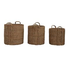 three woven baskets with handles and handles on each side, one is made out of jute