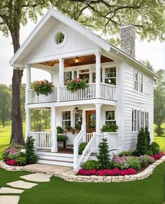 a white house with lots of windows and flowers on the front porch is surrounded by green grass