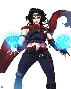 an anime character holding two blue lights in her hands and wearing a red cape over her shoulder