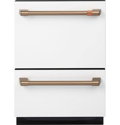 two white drawers with brass handles on each drawer and one in the same color,