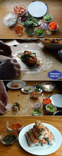 the process of making sushi rolls with shrimp, carrots and broccoli