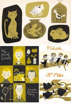 an illustrated book with pictures of cats and people in different places, including a birdcage