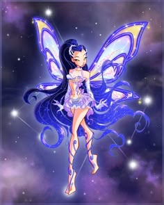 a fairy with blue hair and purple wings is flying through the air in front of stars