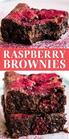 chocolate raspberry brownies stacked on top of each other